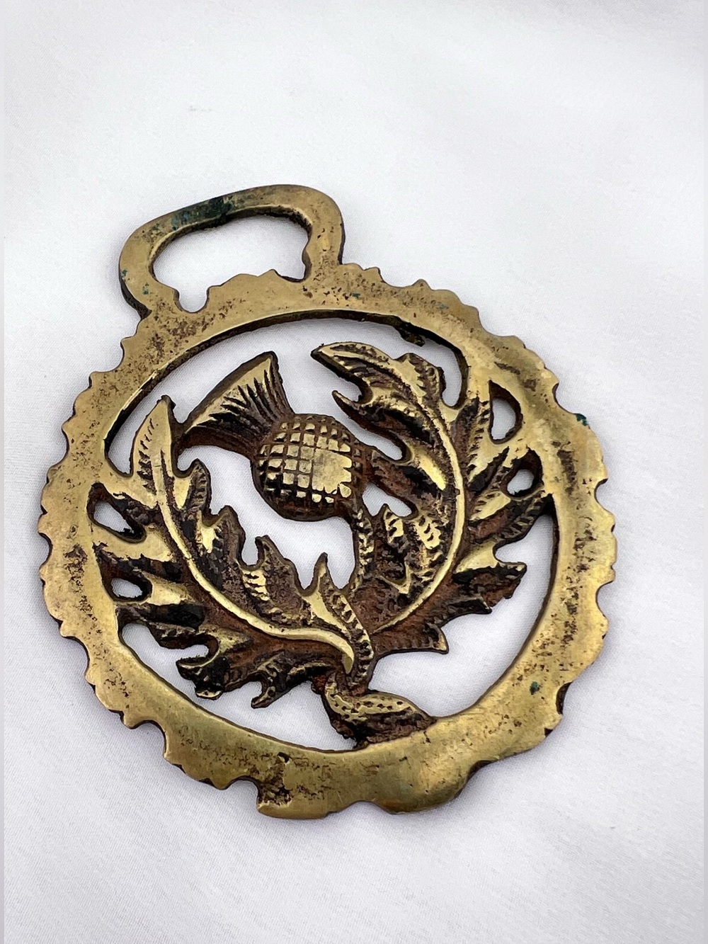 Brass Horse Medallion Vintage English Scottish Thistle Flower Parade Harness